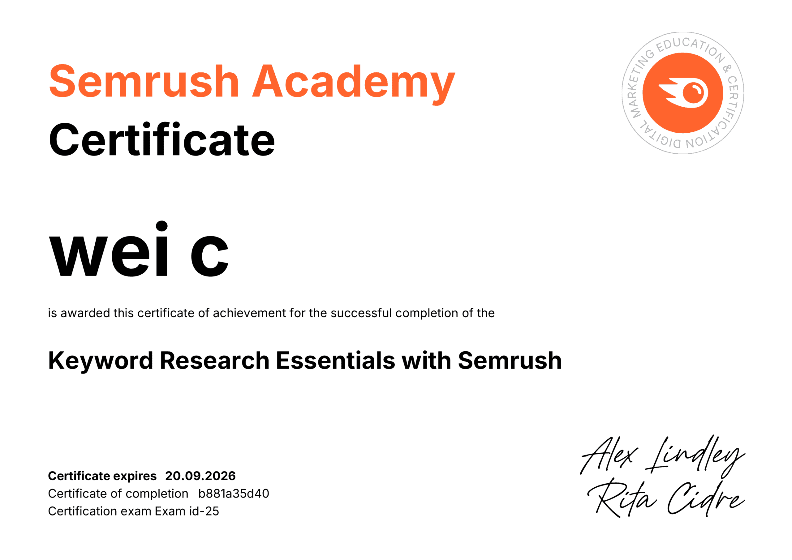 semrush keyword research essentials course certificate