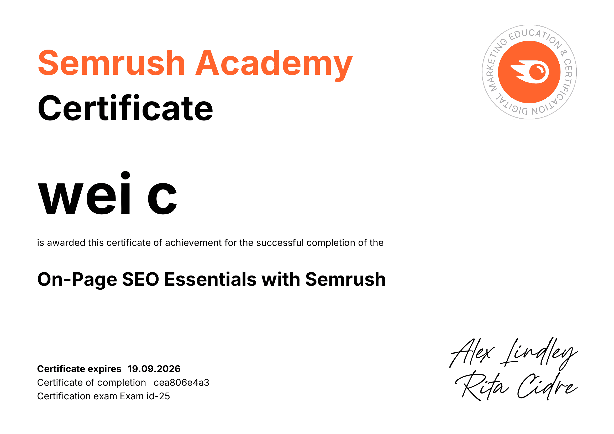 semrush onpage seo essentials course certificate