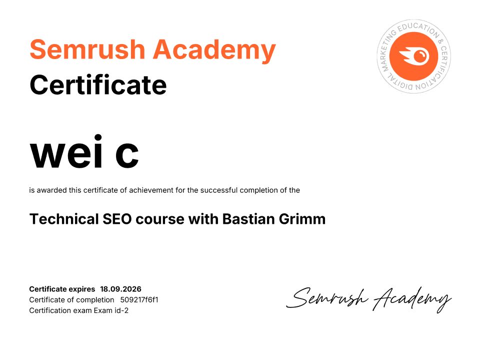 semrush technical seo course certificate